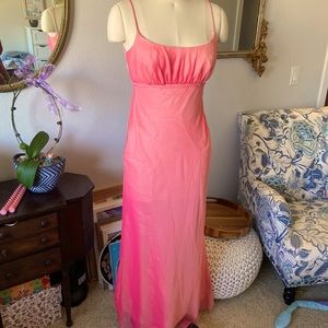 Gorgeous empire waist gown with orange and pink shifting fabric + fabric flowers